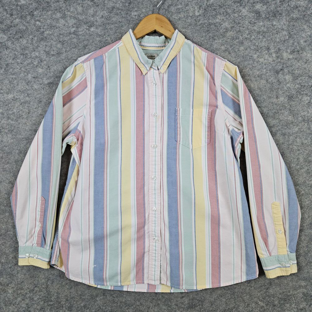 LL Bean Women's VTG Pastel Striped Shirt Size L REG 100% Organic Cotton SPOTS